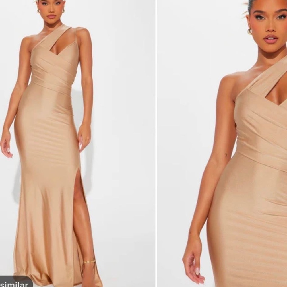 Fashion Nova Tan One-Shoulder Gown